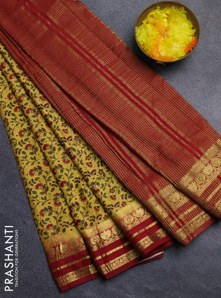 Semi mysore silk saree yellow and maroon with allover floral prints and zari woven border