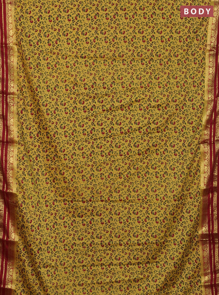 Semi mysore silk saree yellow and maroon with allover floral prints and zari woven border