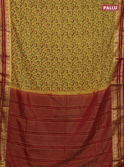 Semi mysore silk saree yellow and maroon with allover floral prints and zari woven border