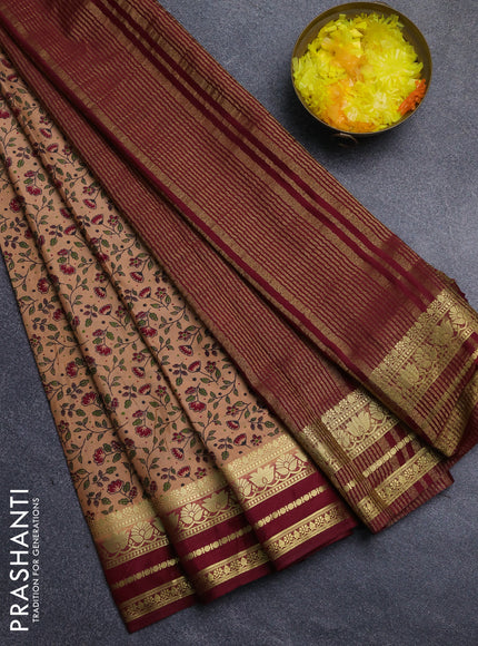 Semi mysore silk saree peach shade and maroon with allover floral prints and zari woven border