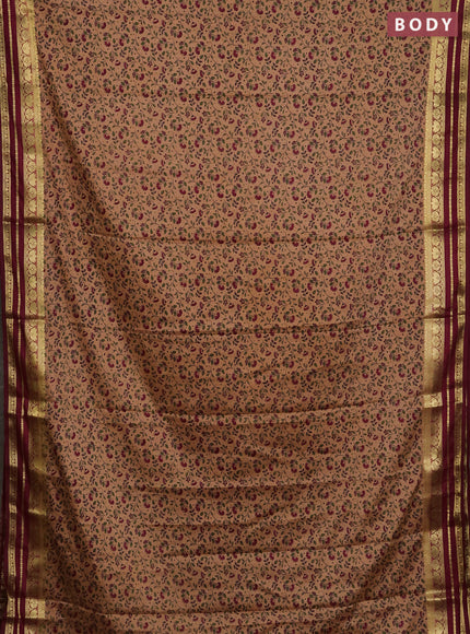 Semi mysore silk saree peach shade and maroon with allover floral prints and zari woven border