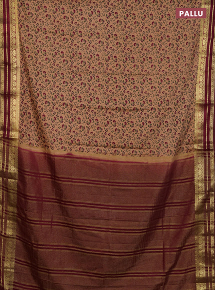 Semi mysore silk saree peach shade and maroon with allover floral prints and zari woven border