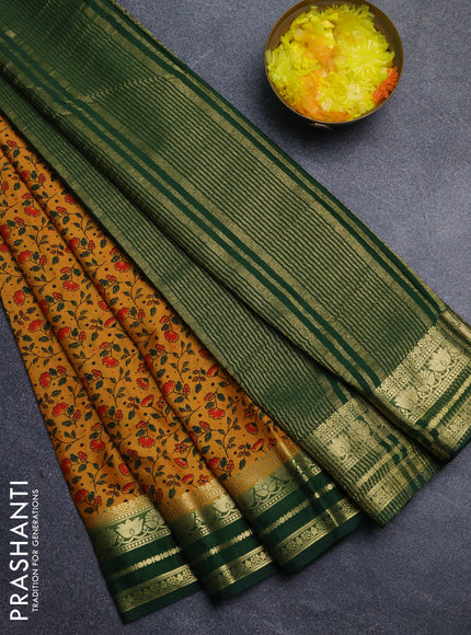 Semi mysore silk saree dark mustard and bottle green with allover floral prints and zari woven border