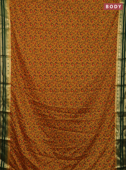 Semi mysore silk saree dark mustard and bottle green with allover floral prints and zari woven border