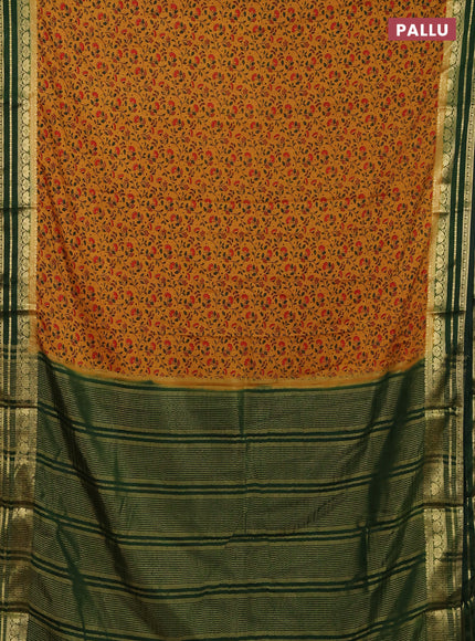 Semi mysore silk saree dark mustard and bottle green with allover floral prints and zari woven border