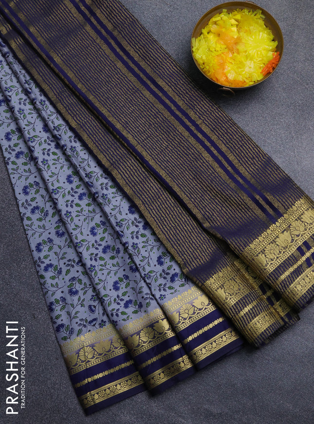 Semi mysore silk saree grey and navy blue with allover floral prints and zari woven border