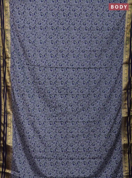 Semi mysore silk saree grey and navy blue with allover floral prints and zari woven border