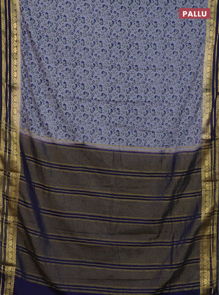 Semi mysore silk saree grey and navy blue with allover floral prints and zari woven border