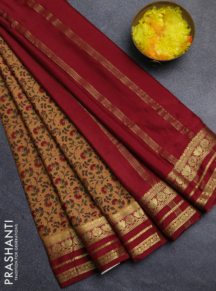 Semi mysore silk saree dark sandal and maroon with allover floral prints and zari woven border