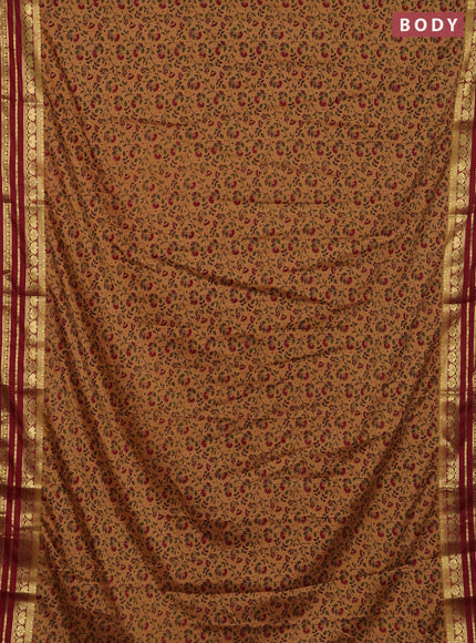 Semi mysore silk saree dark sandal and maroon with allover floral prints and zari woven border