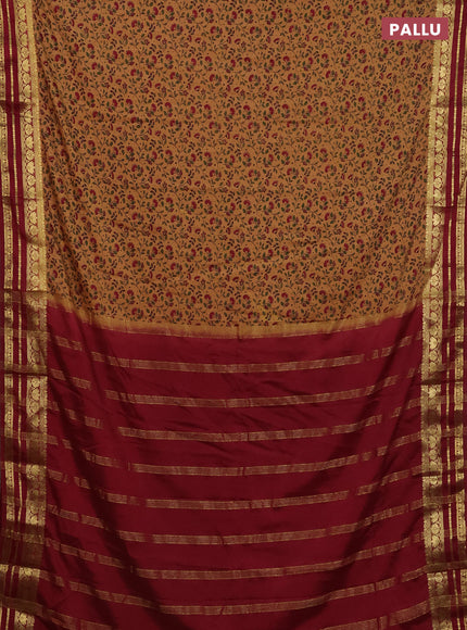 Semi mysore silk saree dark sandal and maroon with allover floral prints and zari woven border