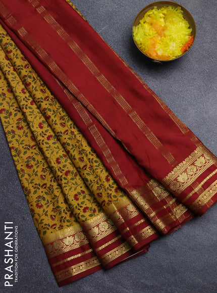 Semi mysore silk saree mustard yellow and maroon with allover floral prints and zari woven border
