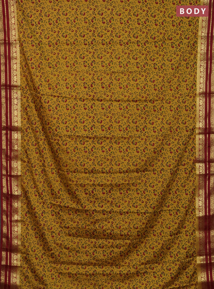 Semi mysore silk saree mustard yellow and maroon with allover floral prints and zari woven border