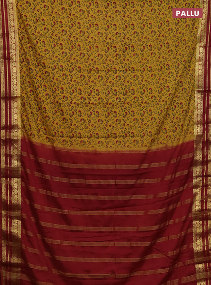 Semi mysore silk saree mustard yellow and maroon with allover floral prints and zari woven border