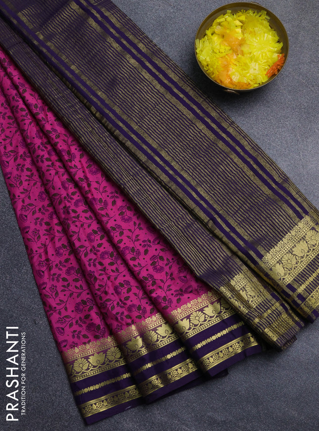 Semi mysore silk saree dark pink and violet with allover floral prints and zari woven border