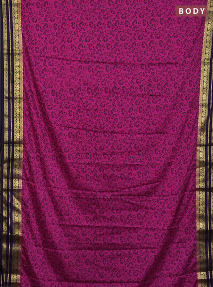 Semi mysore silk saree dark pink and violet with allover floral prints and zari woven border