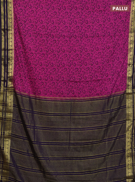 Semi mysore silk saree dark pink and violet with allover floral prints and zari woven border