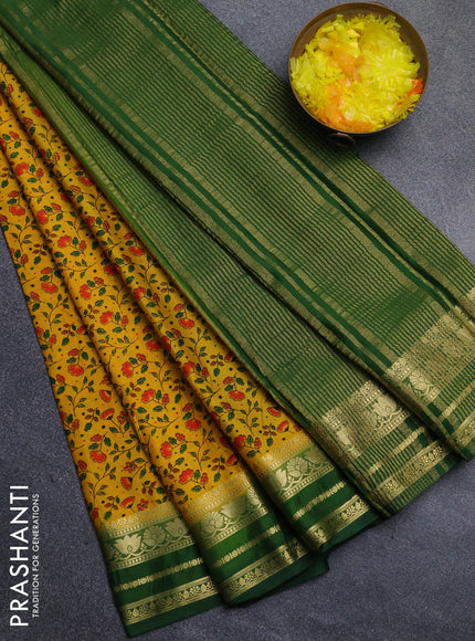 Semi mysore silk saree mustard yellow and green with allover floral prints and zari woven border