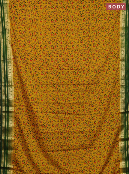 Semi mysore silk saree mustard yellow and green with allover floral prints and zari woven border