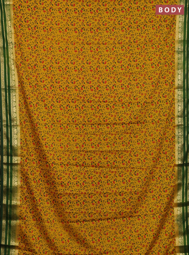 Semi mysore silk saree mustard yellow and green with allover floral prints and zari woven border