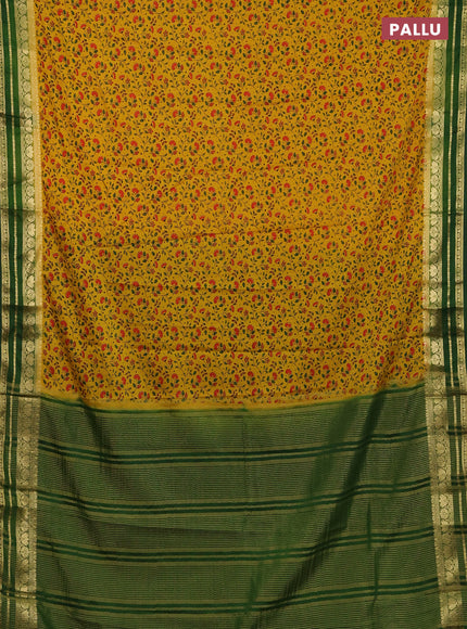 Semi mysore silk saree mustard yellow and green with allover floral prints and zari woven border