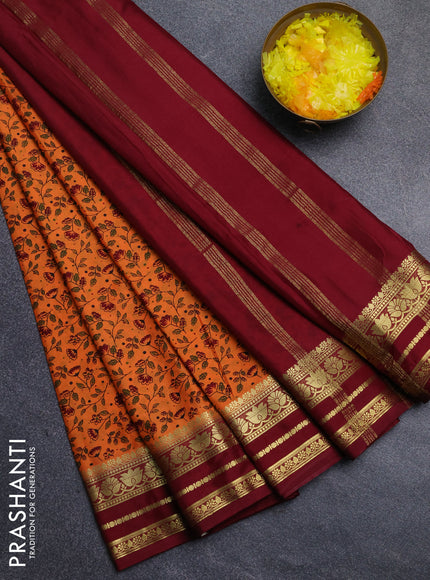 Semi mysore silk saree orange and maroon with allover floral prints and zari woven border