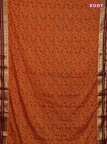 Semi mysore silk saree orange and maroon with allover floral prints and zari woven border