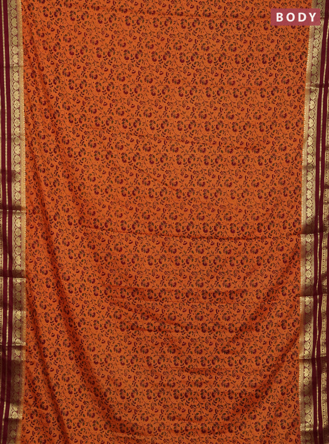 Semi mysore silk saree orange and maroon with allover floral prints and zari woven border