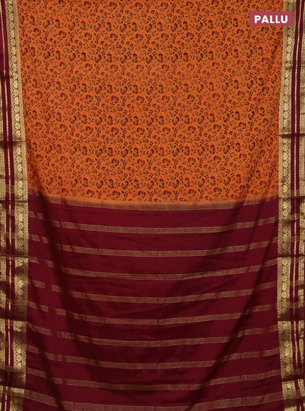 Semi mysore silk saree orange and maroon with allover floral prints and zari woven border