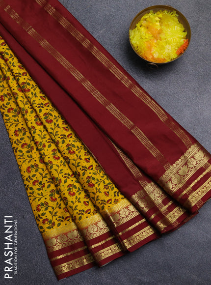 Semi mysore silk saree yellow and maroon with allover floral prints and zari woven border