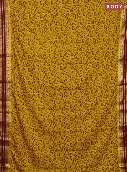 Semi mysore silk saree yellow and maroon with allover floral prints and zari woven border
