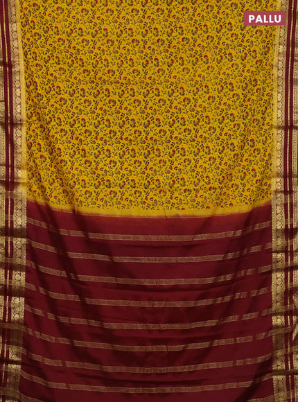 Semi mysore silk saree yellow and maroon with allover floral prints and zari woven border