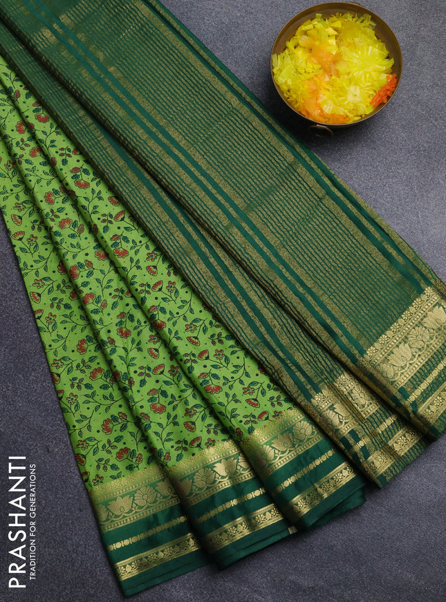 Semi mysore silk saree pista green and green with allover floral prints and zari woven border