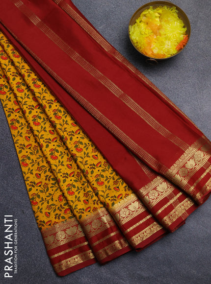 Semi mysore silk saree orange and maroon with allover floral prints and zari woven border