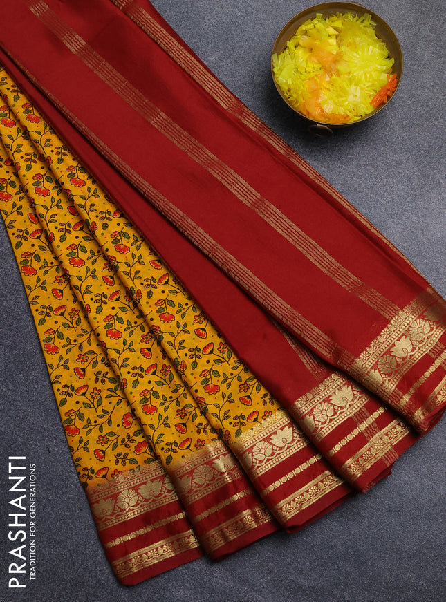 Semi mysore silk saree orange and maroon with allover floral prints and zari woven border
