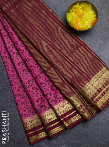 Semi mysore silk saree pink and maroon with allover floral prints and zari woven border