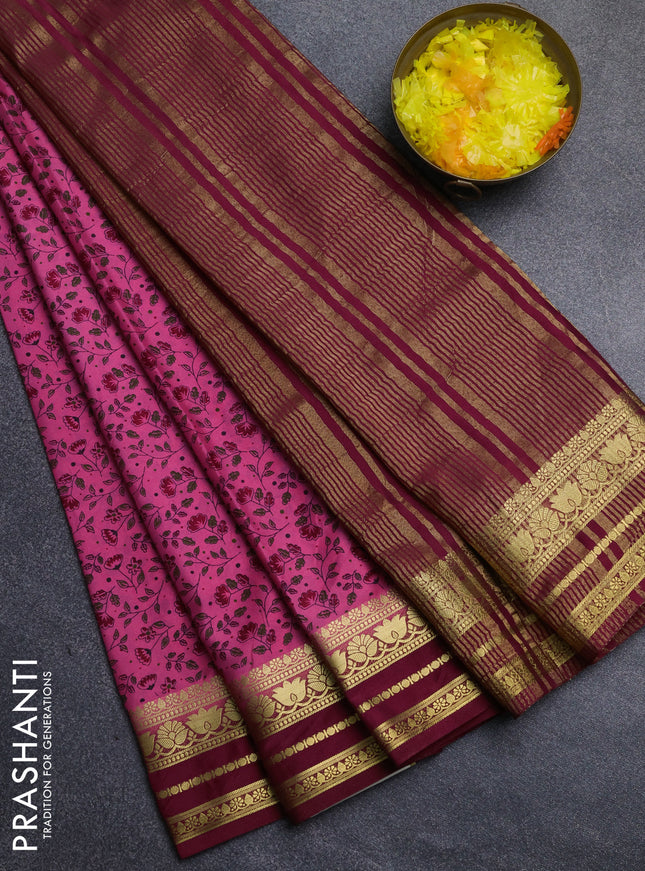Semi mysore silk saree pink and maroon with allover floral prints and zari woven border