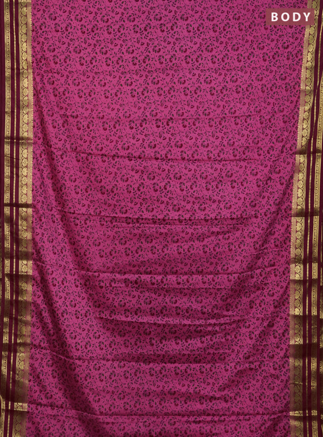 Semi mysore silk saree pink and maroon with allover floral prints and zari woven border