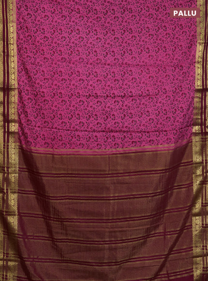Semi mysore silk saree pink and maroon with allover floral prints and zari woven border