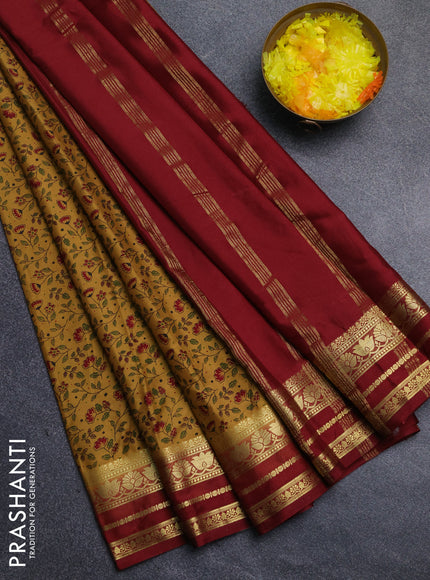Semi mysore silk saree sandal and maroon with allover floral prints and zari woven border