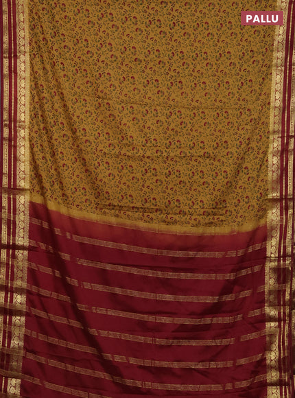 Semi mysore silk saree sandal and maroon with allover floral prints and zari woven border