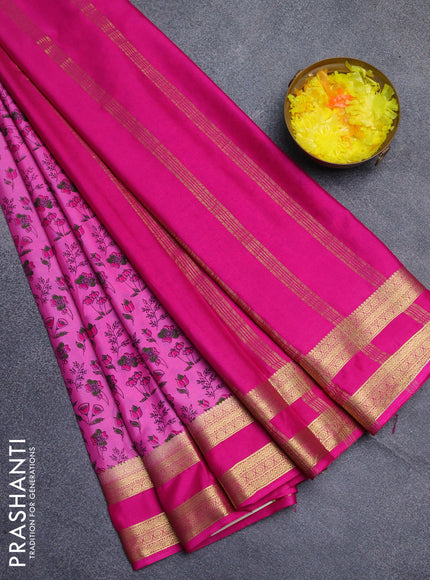 Semi mysore silk saree pink with allover floral prints and rettapet zari woven border