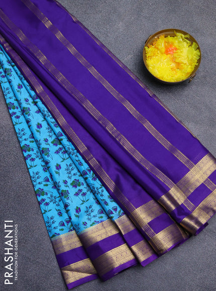 Semi mysore silk saree light blue and violet with allover floral prints and rettapet zari woven border