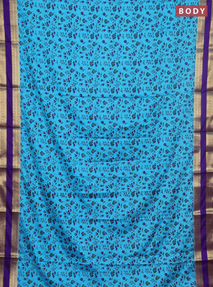 Semi mysore silk saree light blue and violet with allover floral prints and rettapet zari woven border