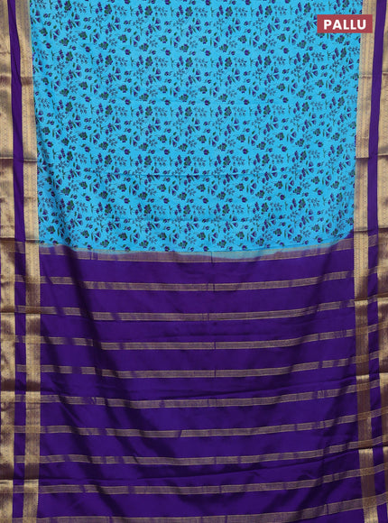 Semi mysore silk saree light blue and violet with allover floral prints and rettapet zari woven border