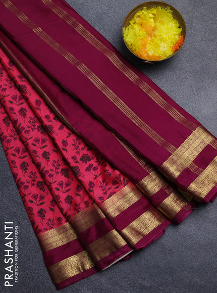 Semi mysore silk saree peach pink and purple with allover floral prints and rettapet zari woven border