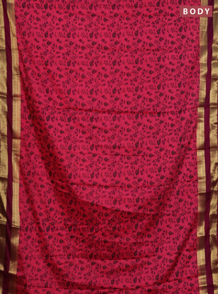 Semi mysore silk saree peach pink and purple with allover floral prints and rettapet zari woven border