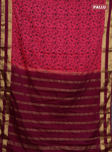 Semi mysore silk saree peach pink and purple with allover floral prints and rettapet zari woven border