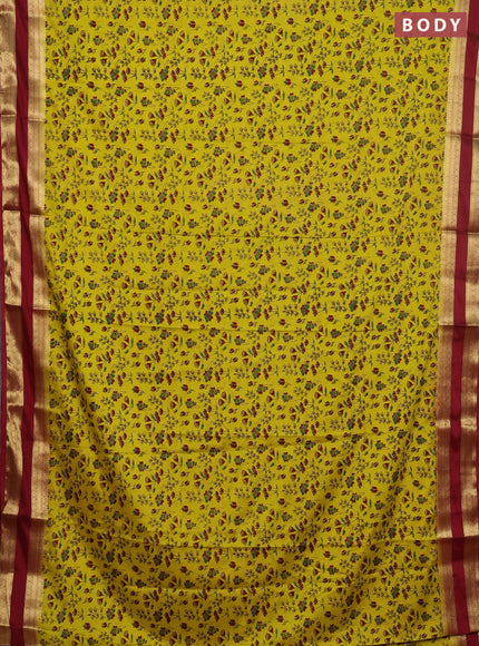 Semi mysore silk saree yellow and maroon with allover floral prints and rettapet zari woven border