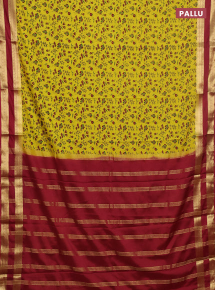 Semi mysore silk saree yellow and maroon with allover floral prints and rettapet zari woven border